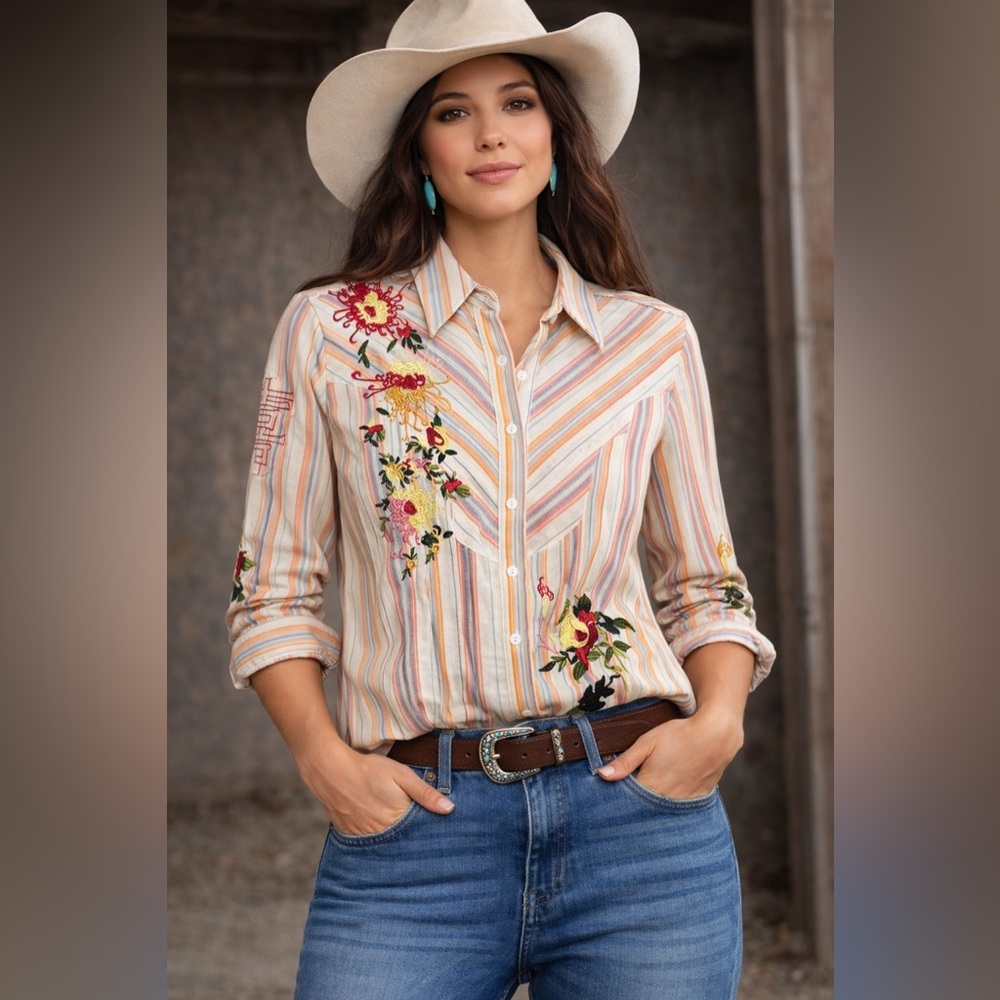 AZI Embroidered Stripe Blouse Western Boho Floral Detail Raw Hem M - Picture 1 of 13